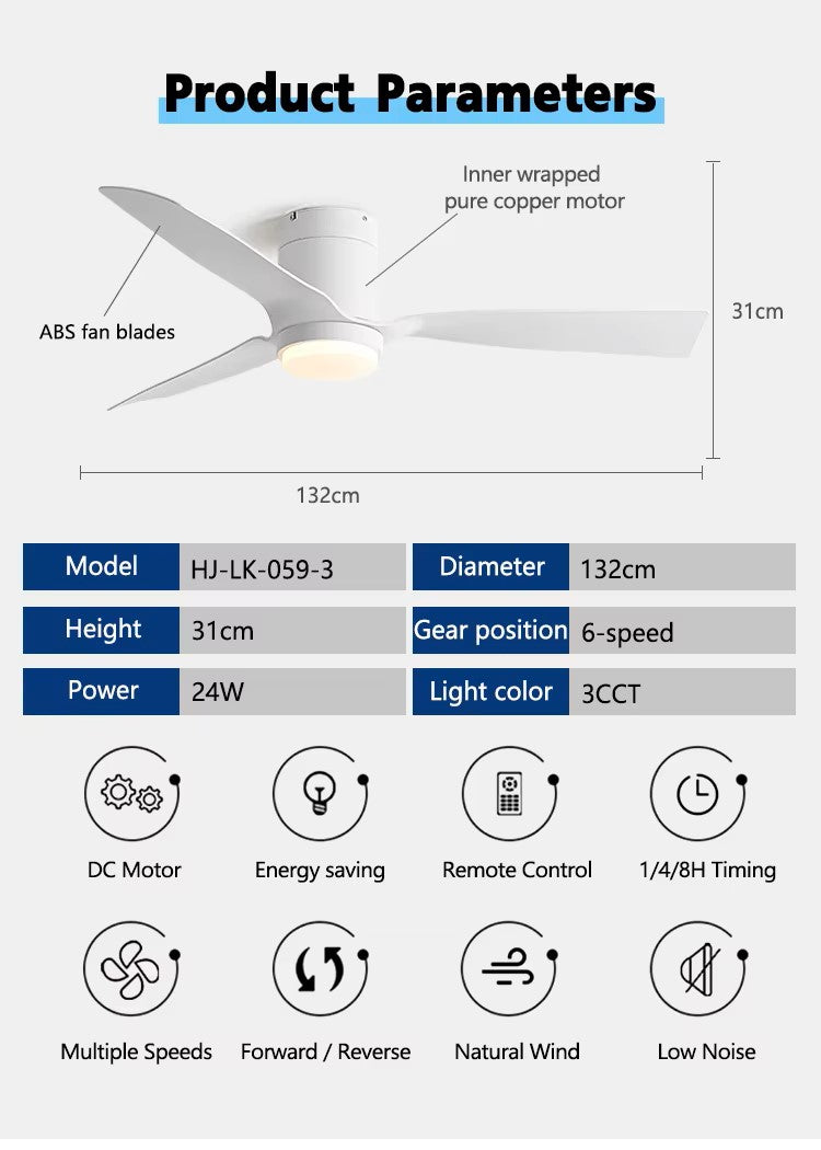 Cove Close to Ceiling Flush Mount ABS DC Motor Ceiling Fan 6 Speed Remote
